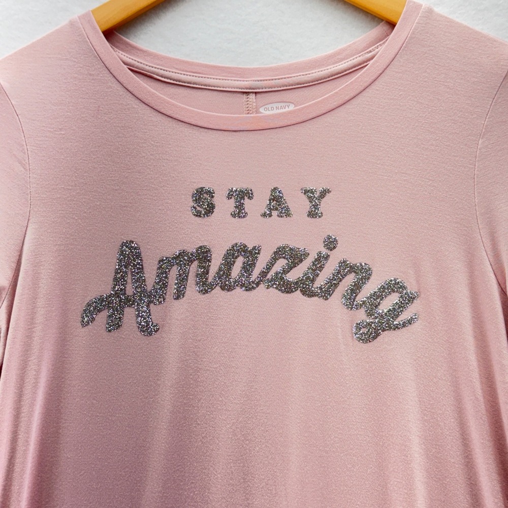 Old Navy Girls Size XL 14 Pink Glitter Stay Amazing Graphic Long Sleeve Top
